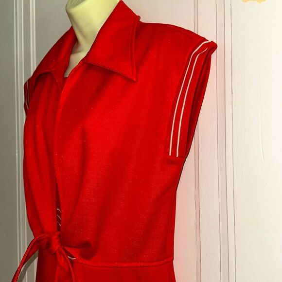 Vintage 70s Melissa Lane Tomato Red Double Knit Polyester Wide Leg Jumpsuit - Picture 5 of 8